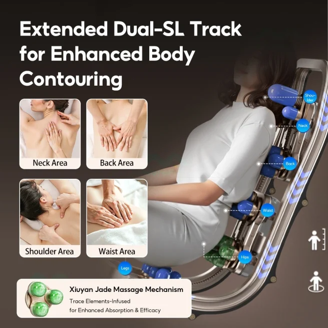 SL track massage chair - neck back buttocks jade roller to fit body body contour